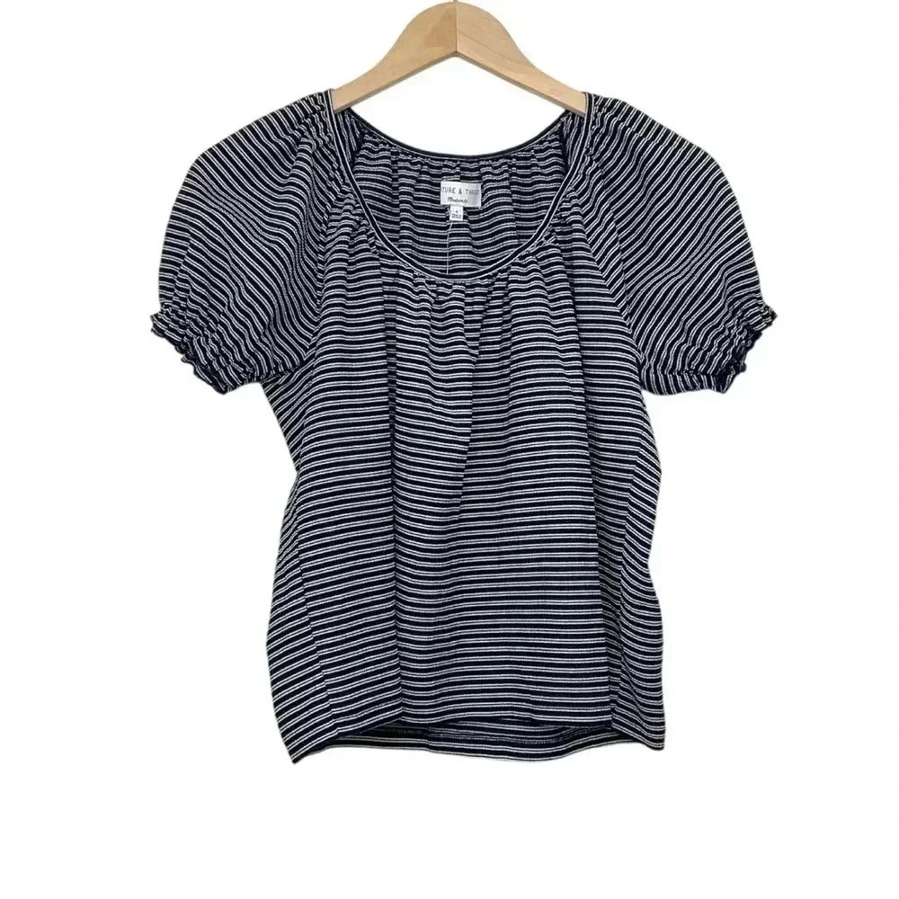 Madewell Texture & Thread Blue Striped Peasant Top Size Small